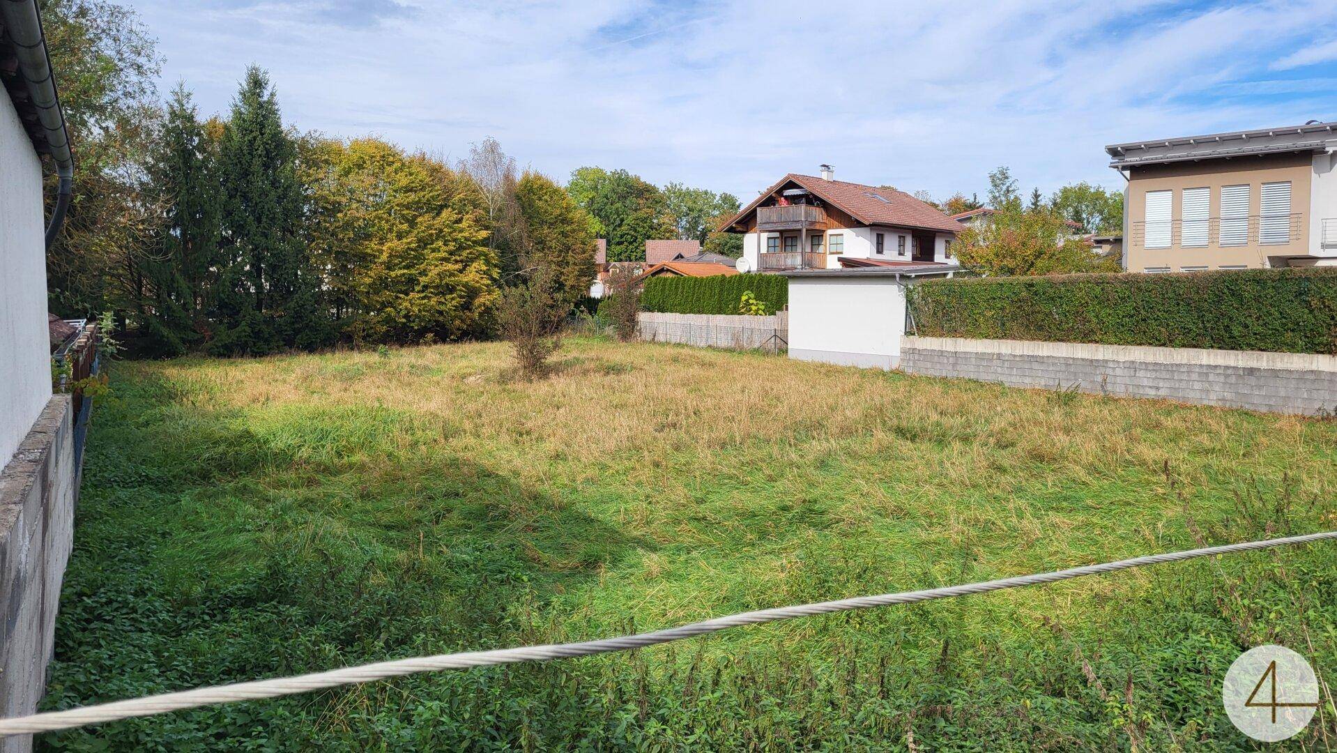 Offenes Grundstück mit Grasfläche, umgeben von Hecken und Wohnhäusern unter blauem Himmel.