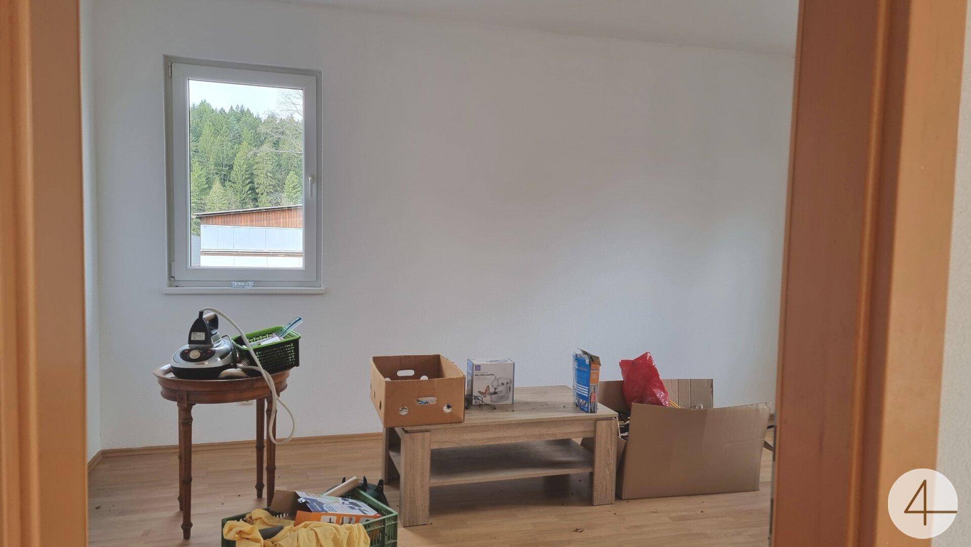 Raum mit Laminatboden und einem Fenster, das einen Blick auf Bäume und die umliegende Natur ermöglicht.