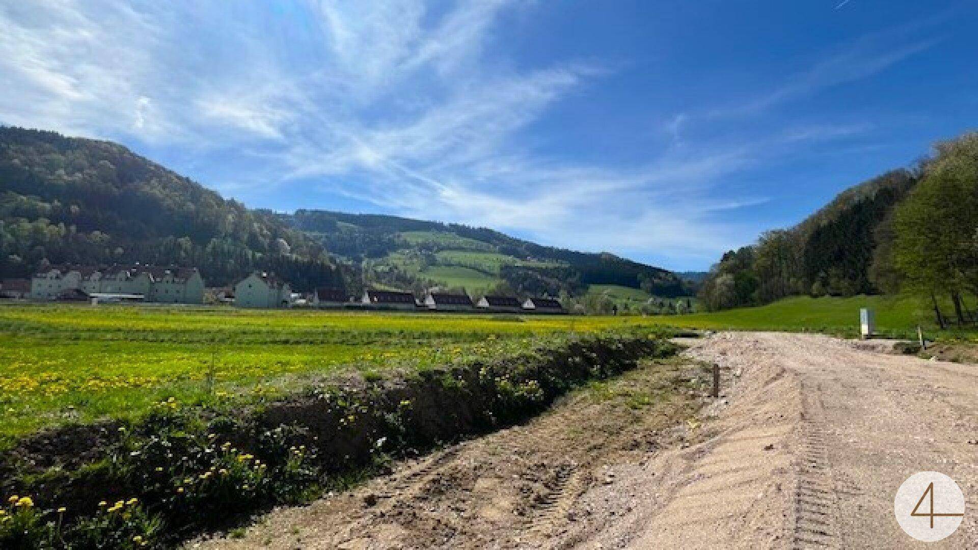 Schotterweg führt durch grüne Felder mit Häusern und bewaldeten Hügeln im Hintergrund.