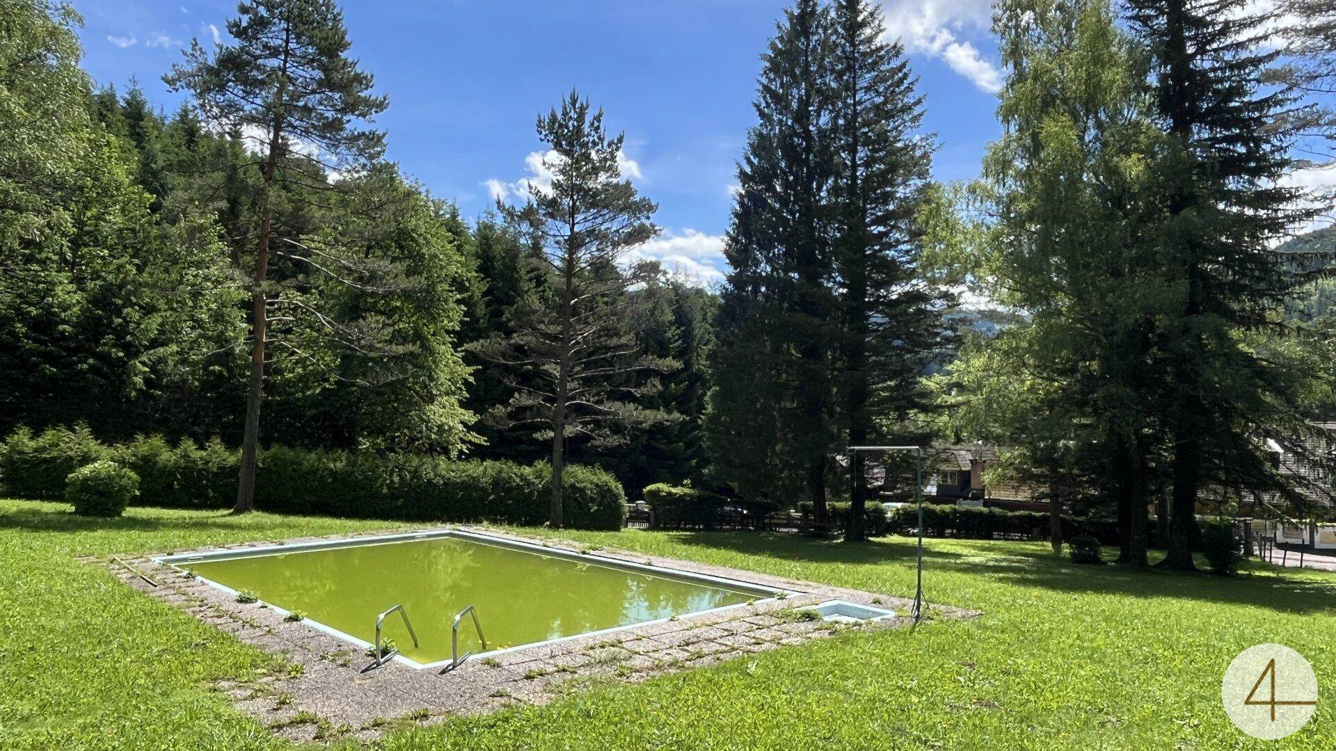 Großer Gartenbereich mit einem Außenpool, umgeben von Rasenflächen und hohen Bäumen.