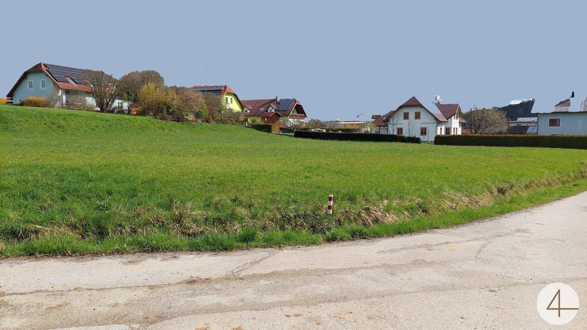 Ausgedehnte Grünfläche mit Wohnhäusern am Horizont und einer Zufahrtsstraße im Vordergrund.