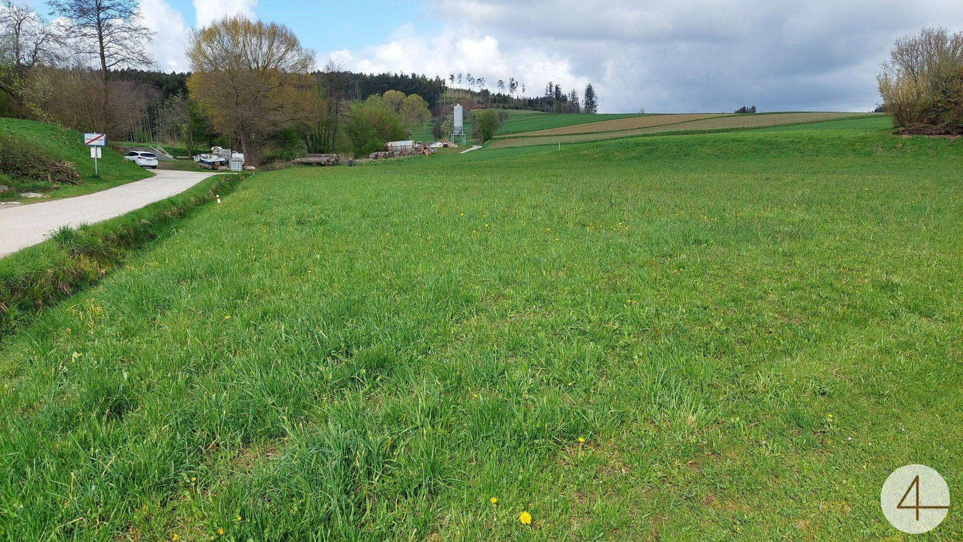 Weite grüne Landschaft mit einer Landstraße und entfernten Gebäuden unter einem bewölkten Himmel.