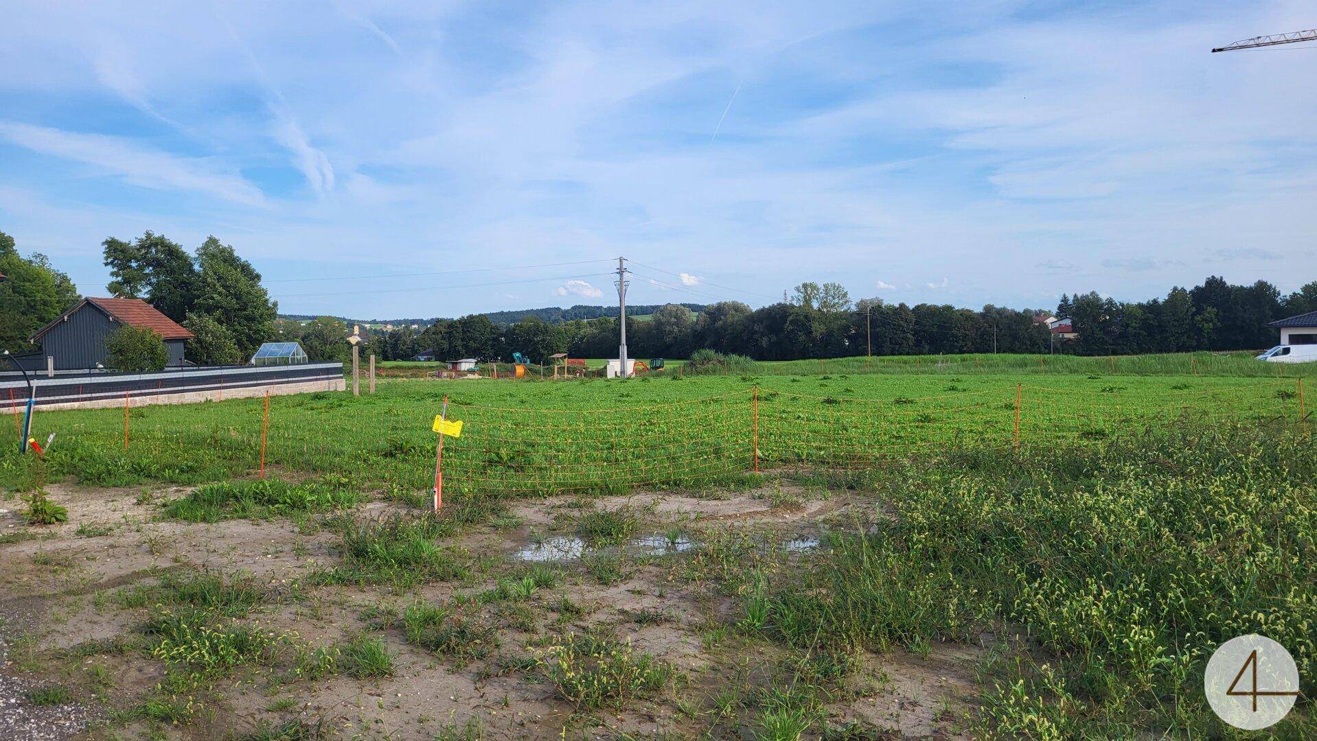 Blick über ein Feld mit Bauvorbereitungen und Markierungen, umgeben von ländlicher Bebauung.