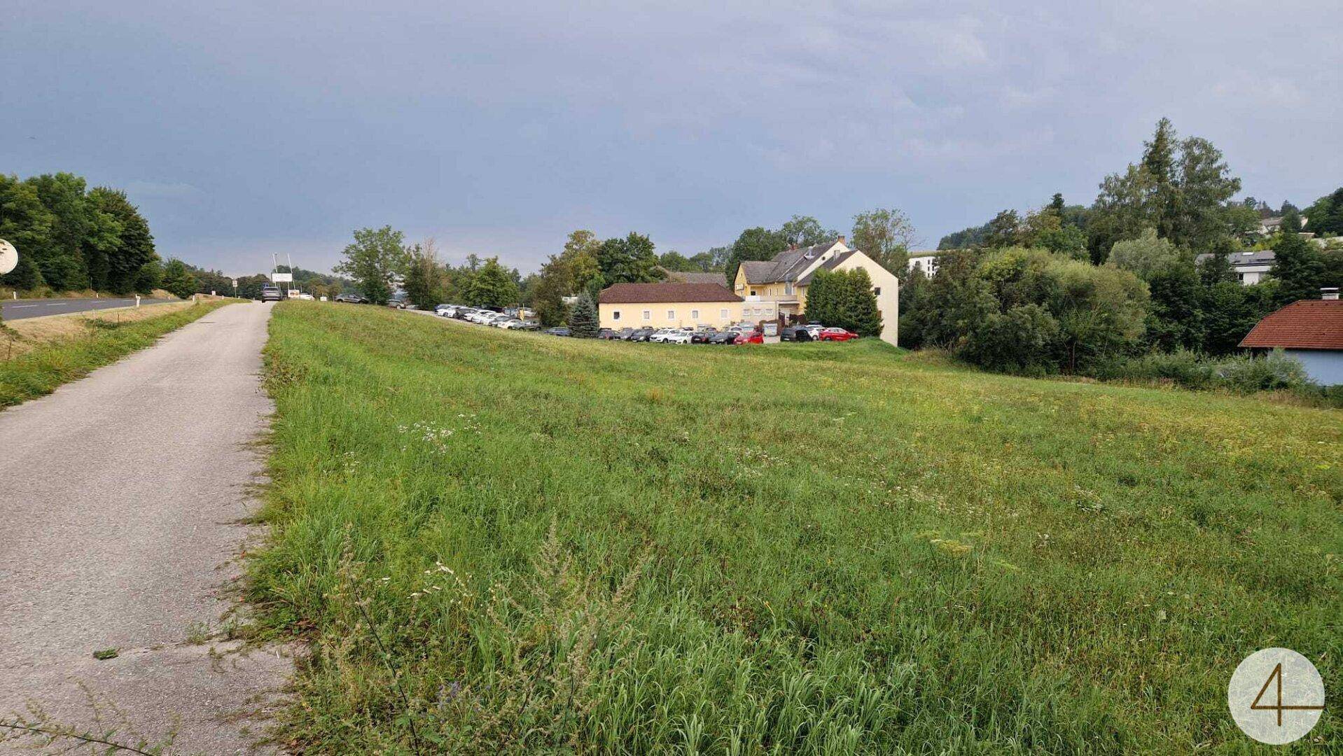 Weitläufiges grünes Feld entlang einer Straße mit einem Gebäude und vielen Autos im Hintergrund.