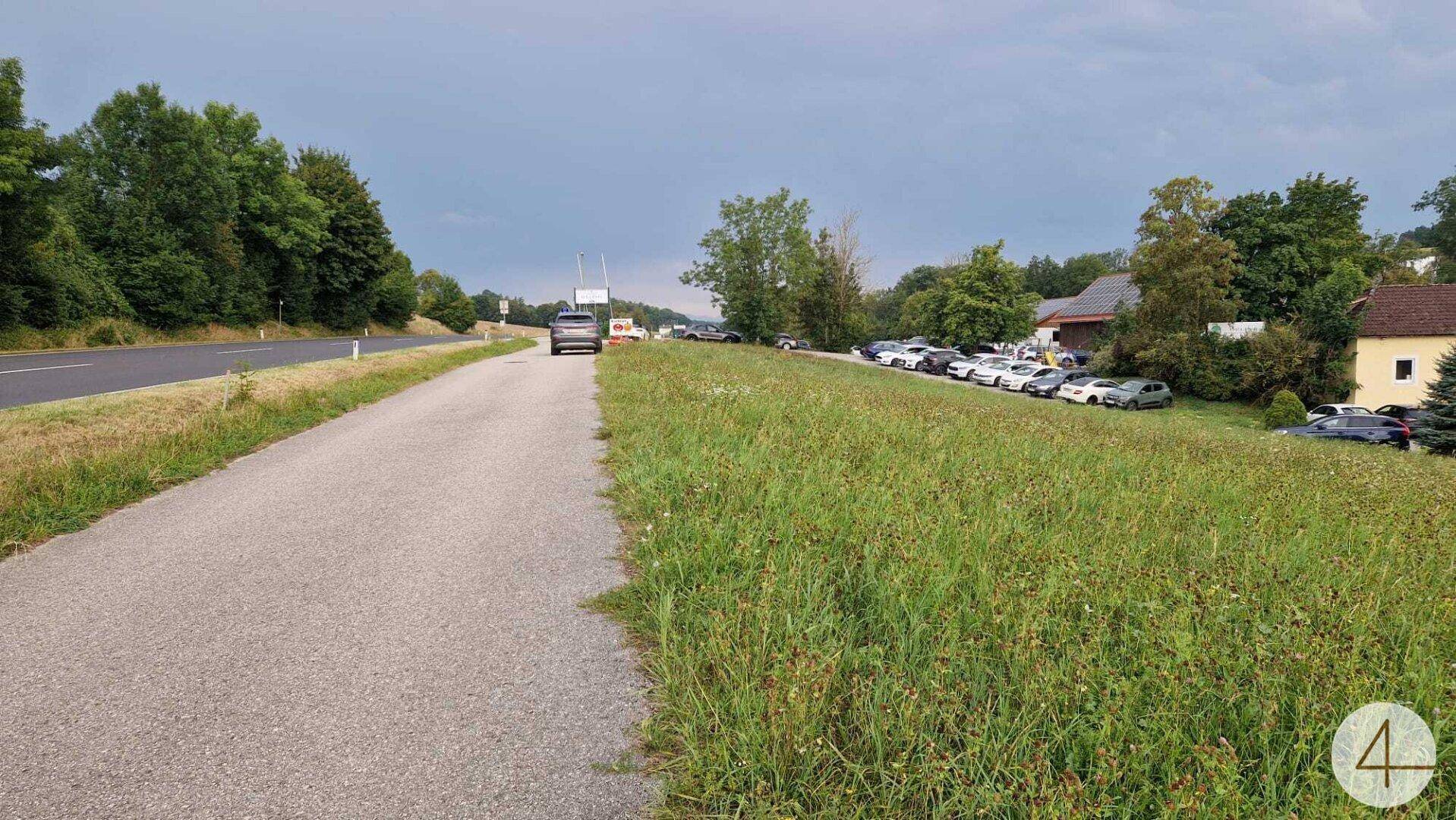 Straße neben einem Grashang mit geparkten Autos und Gebäuden in der Ferne.