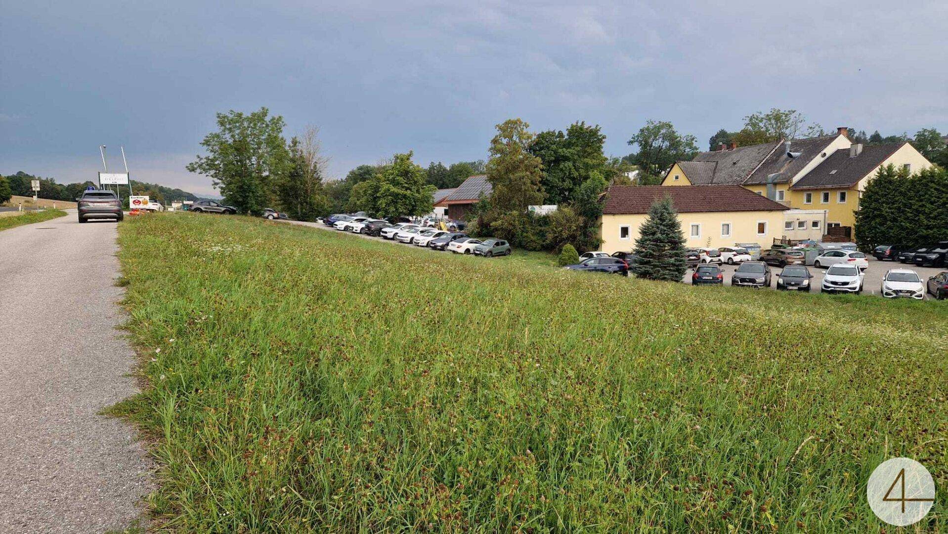 Grünes Feld entlang einer Straße mit einem großen Gebäude und vielen geparkten Autos.
