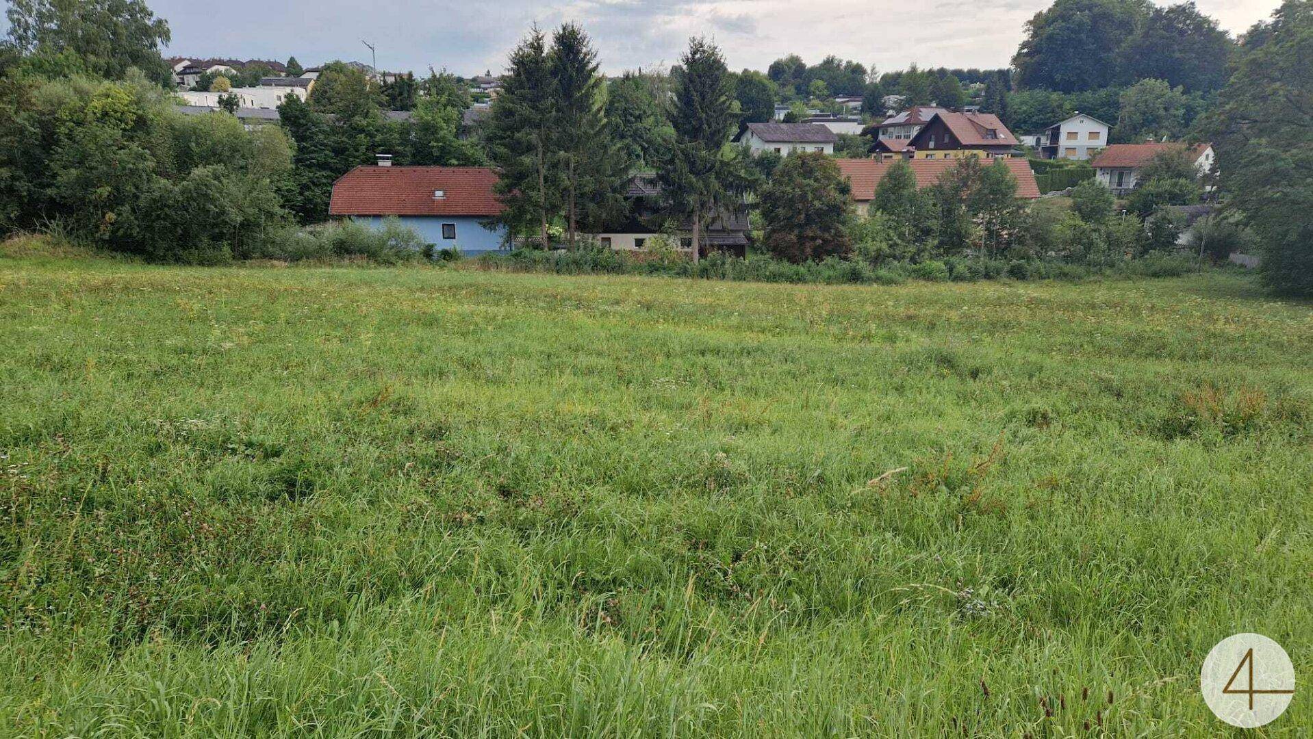 Weitläufiges grünes Feld mit Häusern und Bäumen im Hintergrund unter einem bedeckten Himmel.