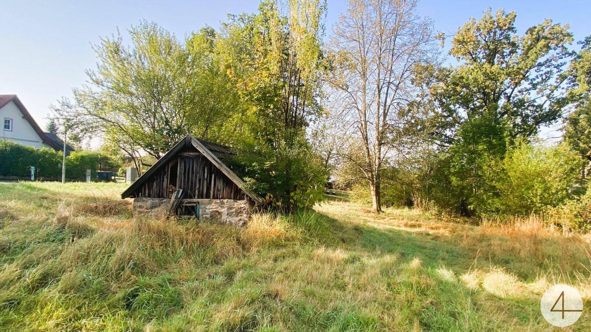Rustikaler Holzschuppen mit Steinfundament auf einer leicht bewachsenen Anhöhe, umgeben von Bäumen und Wiese.