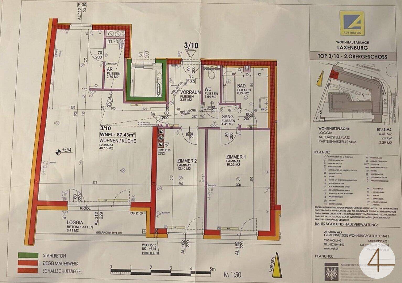 Detaillierter Grundriss der Wohnung Top 3/10 im 2. Obergeschoss mit Loggia und 87,43 m² Wohnfläche.
