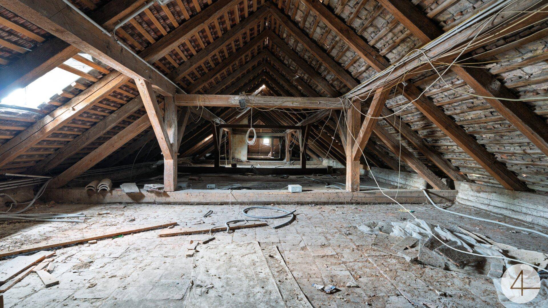 Großer Dachboden mit freiliegenden Holzbalken und Dachschrägen, ideal für einen Ausbau.