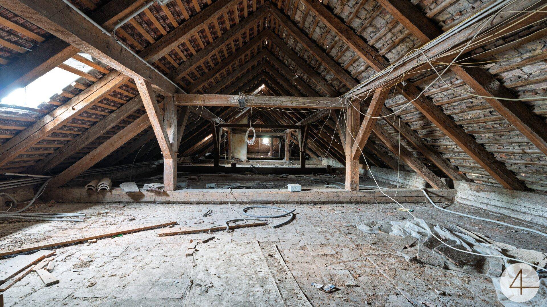 Großer Dachboden mit freiliegenden Holzbalken und Dachschrägen, ideal für einen Ausbau.
