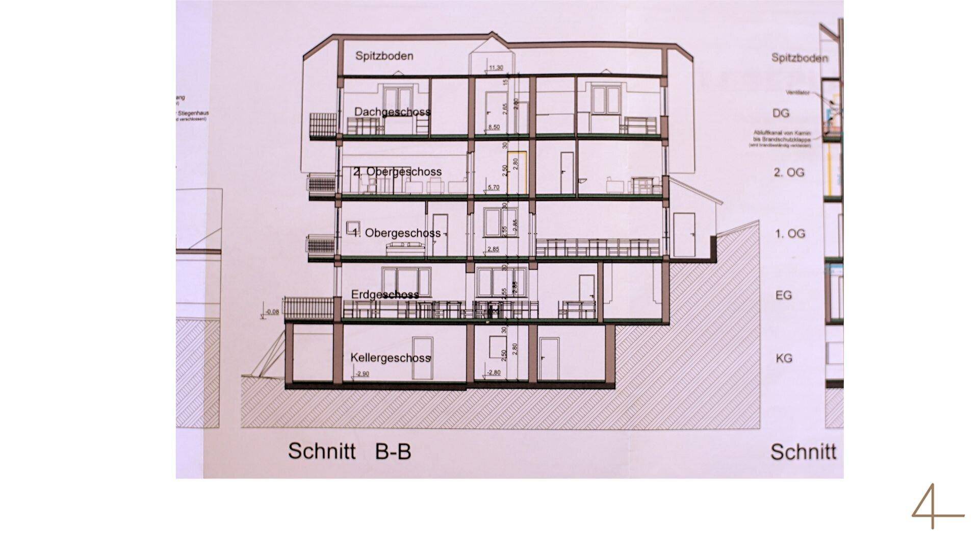 Schnittansicht B-B des Gebäudes zeigt mehrere Stockwerke und Kellergeschoss.