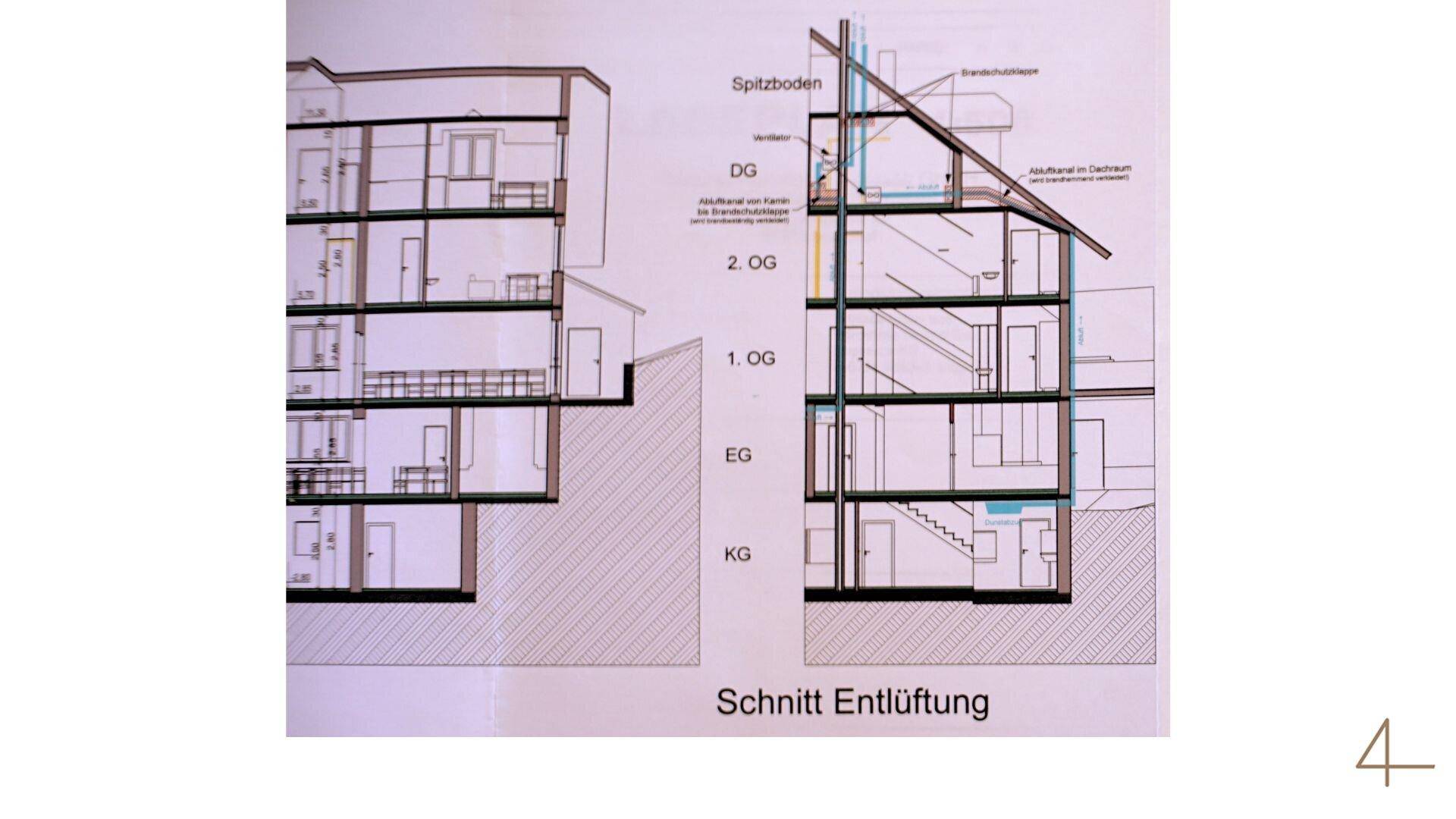 Schnittansicht Entlüftung zeigt die Belüftungssysteme und Gebäudestruktur.