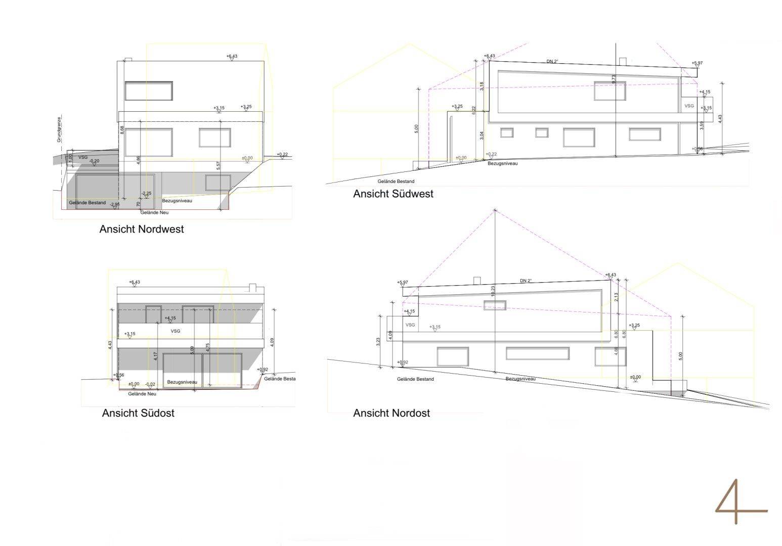 Architektonische Ansichten des Hauses aus verschiedenen Himmelsrichtungen mit Höhenangaben.