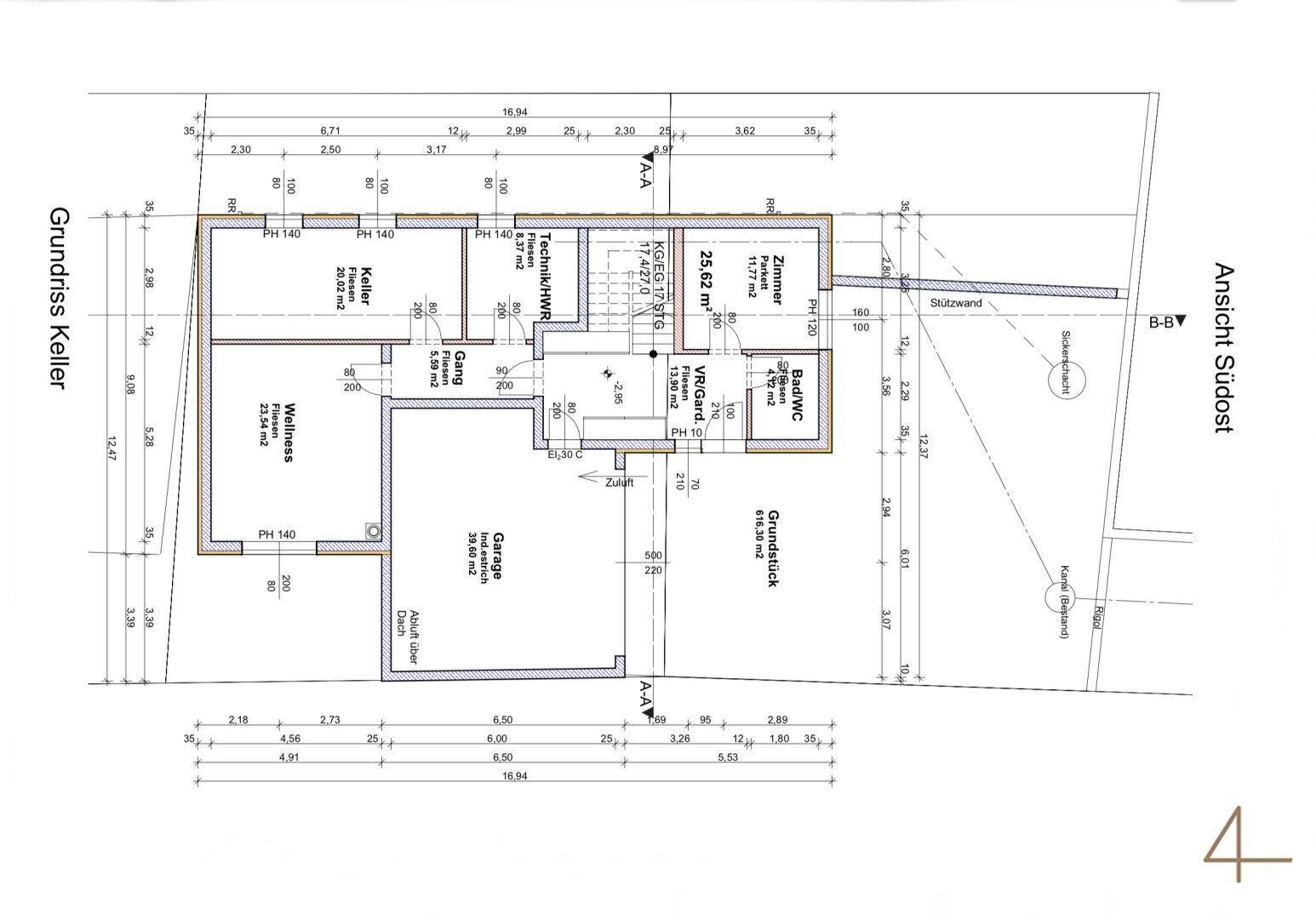 Grundriss des Kellers mit Garage, Wellnessbereich, Technikraum und zusätzlichem Zimmer.