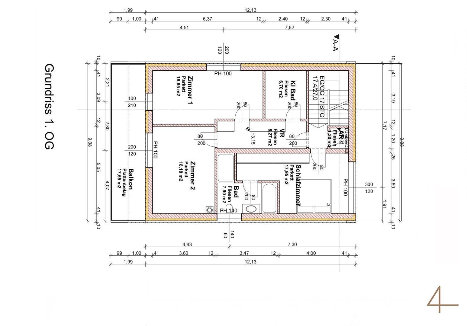 Grundriss des ersten Obergeschosses mit zwei Schlafzimmern, Bad und Zugang zum Balkon.