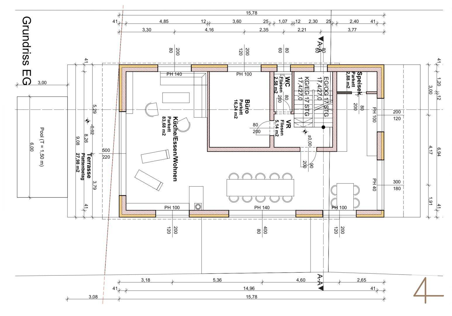 Grundriss des Erdgeschosses mit offenem Wohnbereich, Büro, WC und großer Terrasse mit Pool.