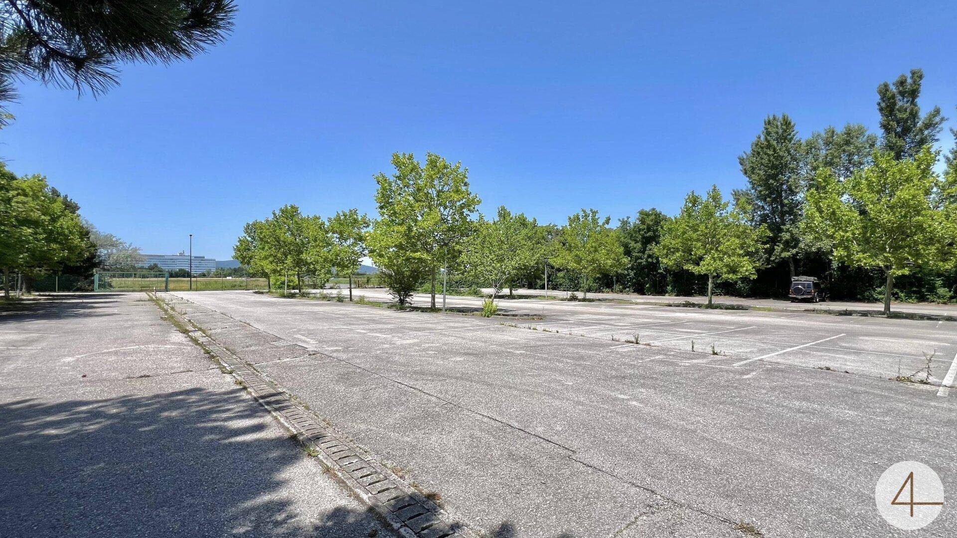 Großer, leerer Parkplatz umgeben von Bäumen unter einem klaren blauen Himmel.