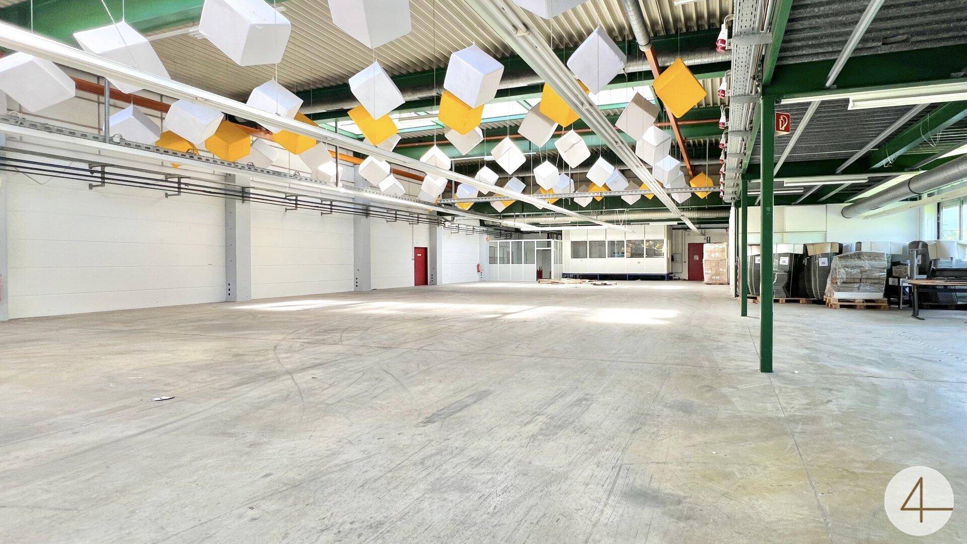 Große, leere Lagerhalle mit hohen Decken und dekorativen Hängeelementen, bereit zur Nutzung.