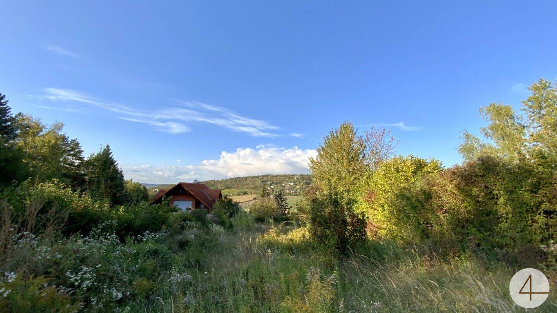 Panoramablick über ein bewachsenes Gelände auf ein Haus mit rotem Dach und die weite Landschaft.