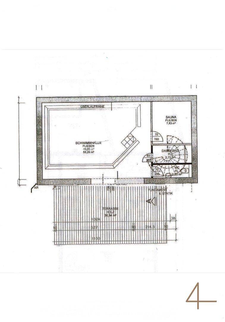 Grundriss des Untergeschosses mit Schwimmhalle, Sauna und Terrasse.