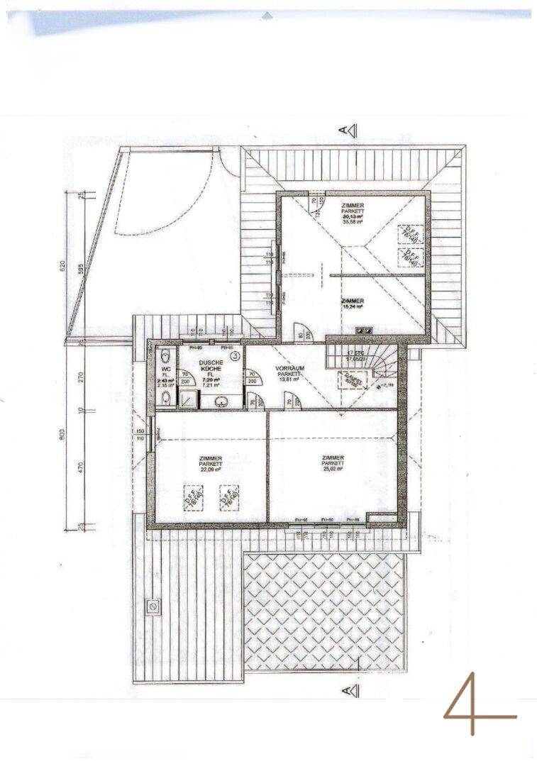Grundriss des Obergeschosses mit mehreren Zimmern, Bad und Balkon.