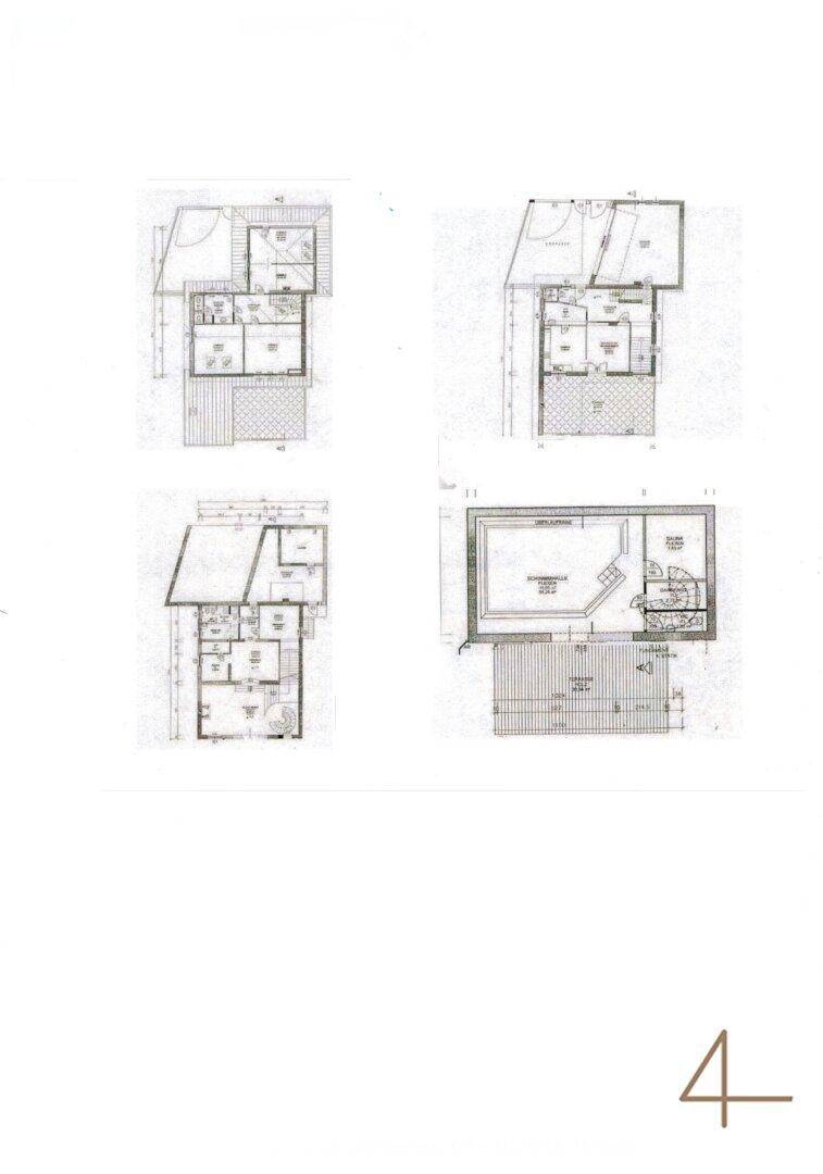 Vier Grundrisse zeigen verschiedene Ebenen eines Hauses mit Außenbereichen und einem Pool.