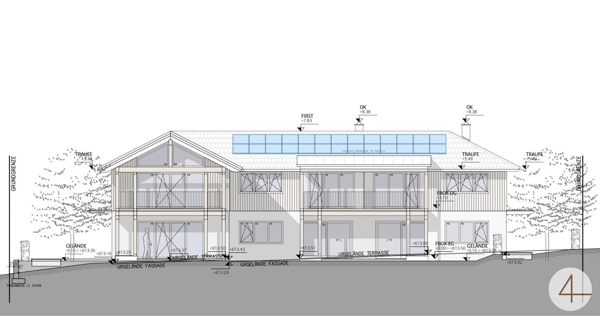 Architektonische Seitenansicht eines Hauses mit Balkonen, Satteldach und Photovoltaikanlage.