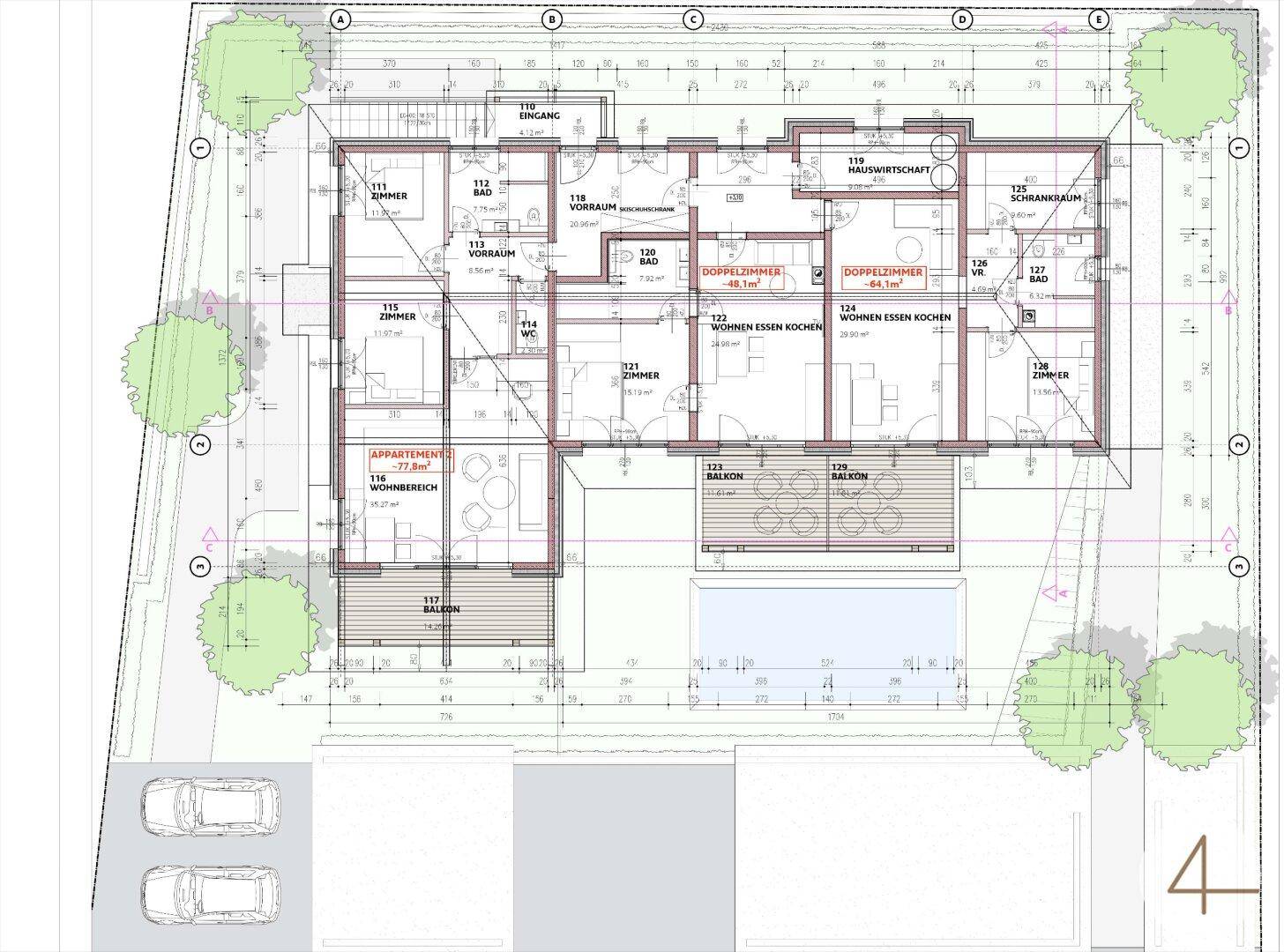 Grundriss des Obergeschosses mit offenen Wohnbereichen, Balkonen und einem Pool.