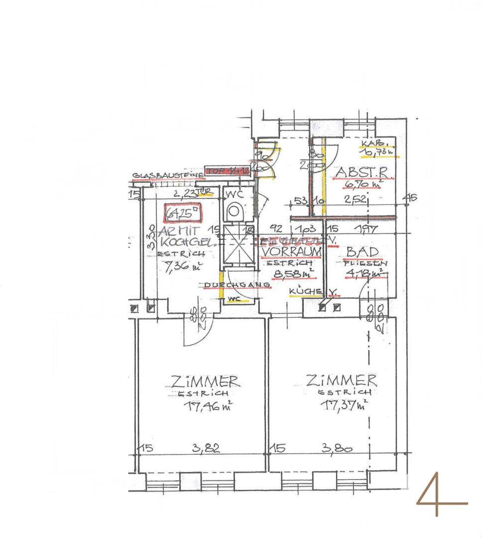 Handgezeichneter Grundriss mit Raumaufteilung und Flächenangaben in Quadratmetern.
