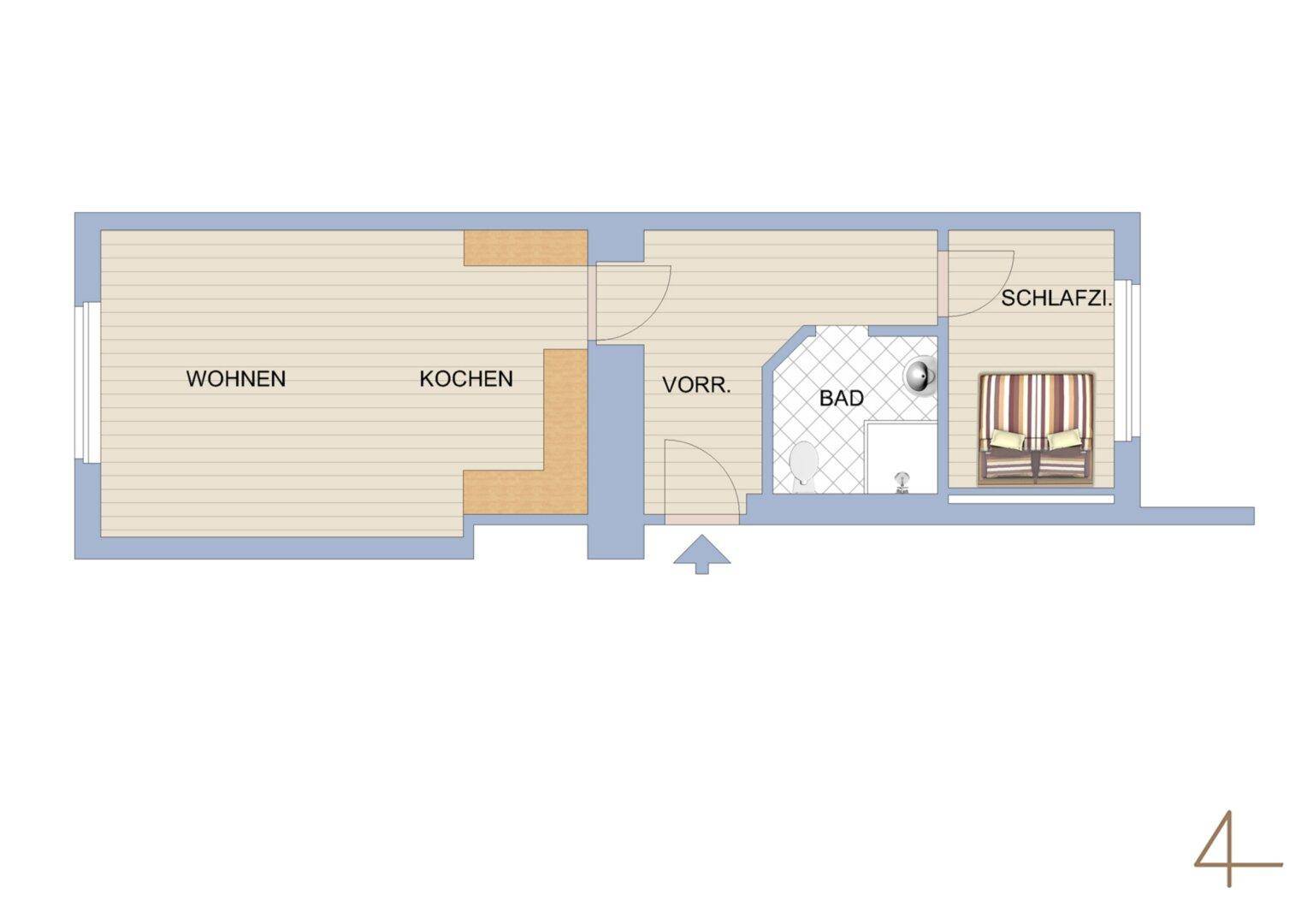 Grundriss einer Wohnung mit offenem Wohn- und Kochbereich, Schlafzimmer und Bad.