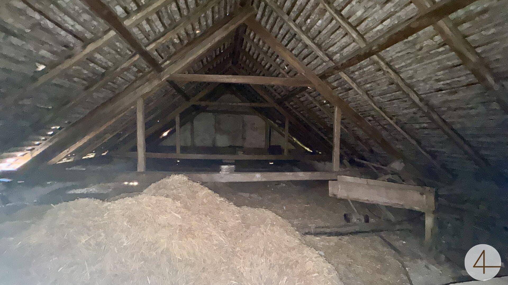 Geräumiger Dachboden mit sichtbarer Holzkonstruktion und gelagertem Heu, ideal für Ausbau.