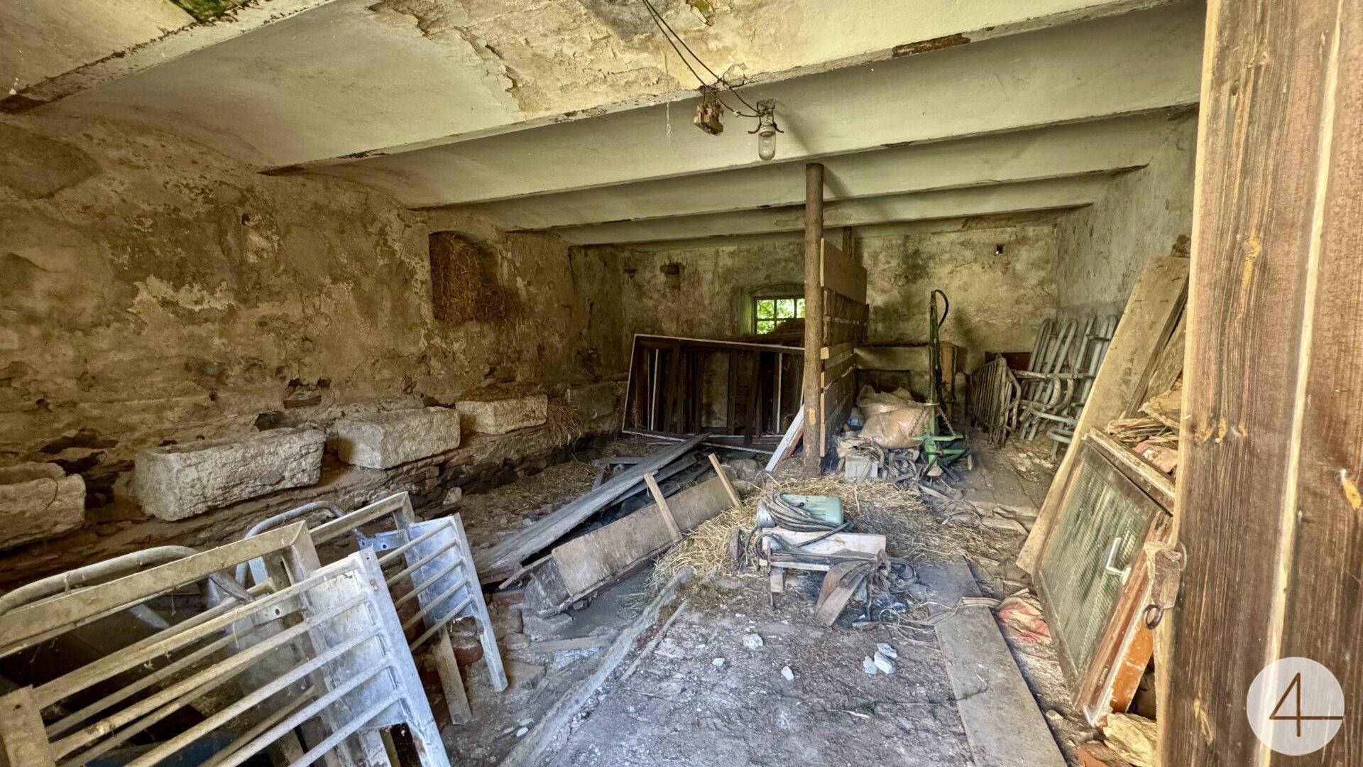 Großer, verfallener Kellerraum mit Steinmauern, Holzbalken und verschiedenen Gegenständen, die auf Renovierung warten.
