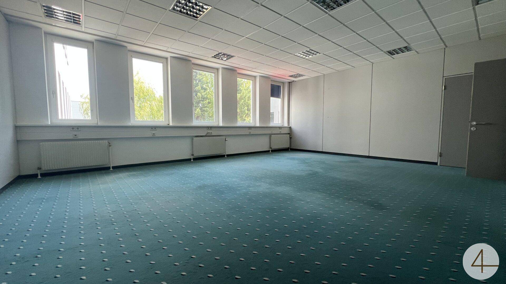 Geräumiges, leeres Büro mit Teppichboden und einer Reihe von Fenstern, die viel Tageslicht hereinlassen.