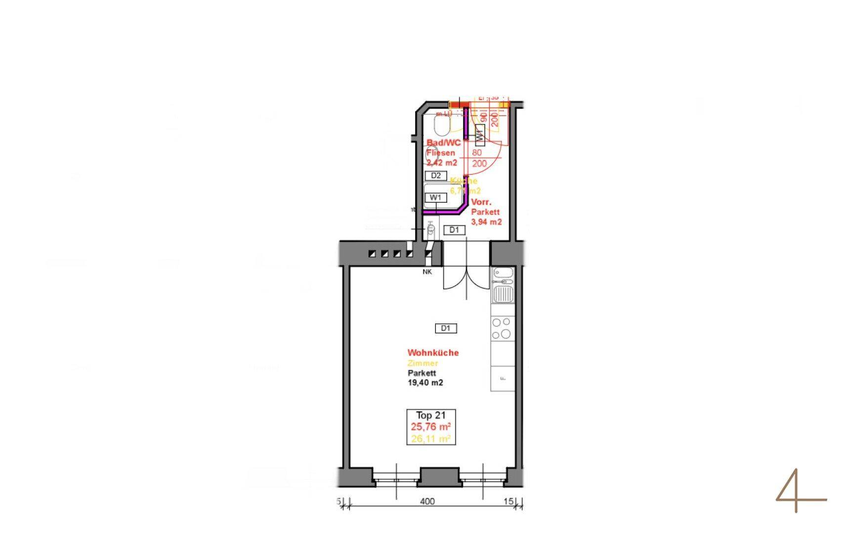 Grundriss einer Wohnung mit offener Wohnküche, separatem Bad und Vorraum.