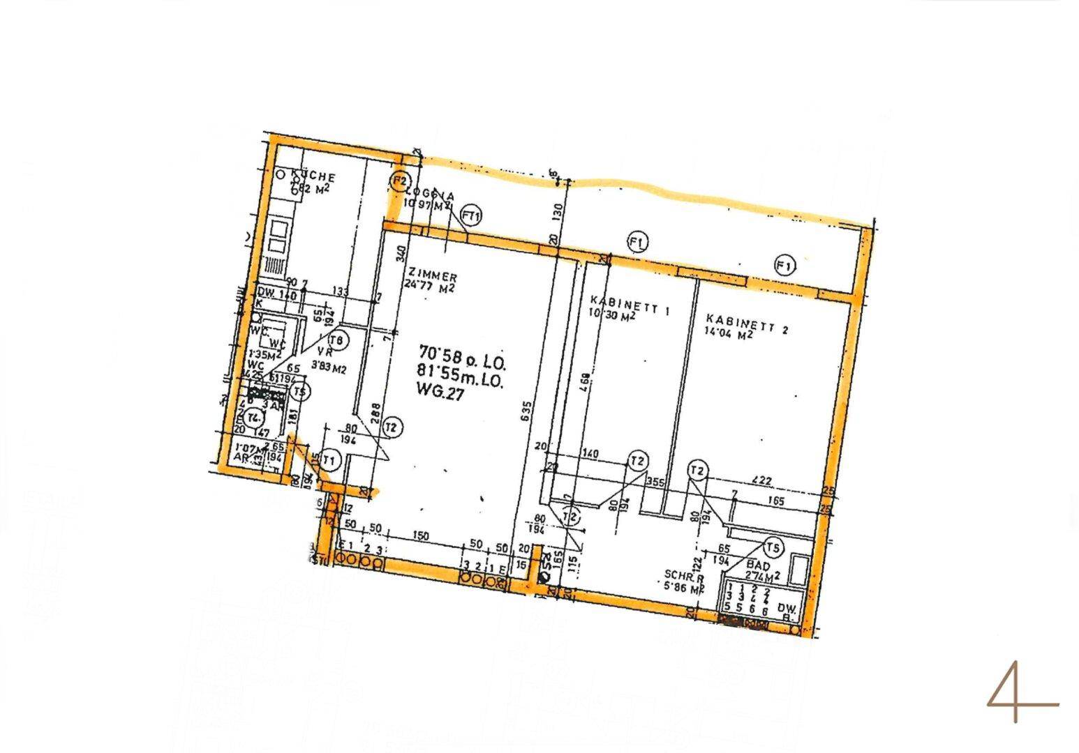 Detaillierter Grundriss einer Wohnung mit Küche, Wohnzimmer, zwei weiteren Zimmern, separatem WC und Loggia.