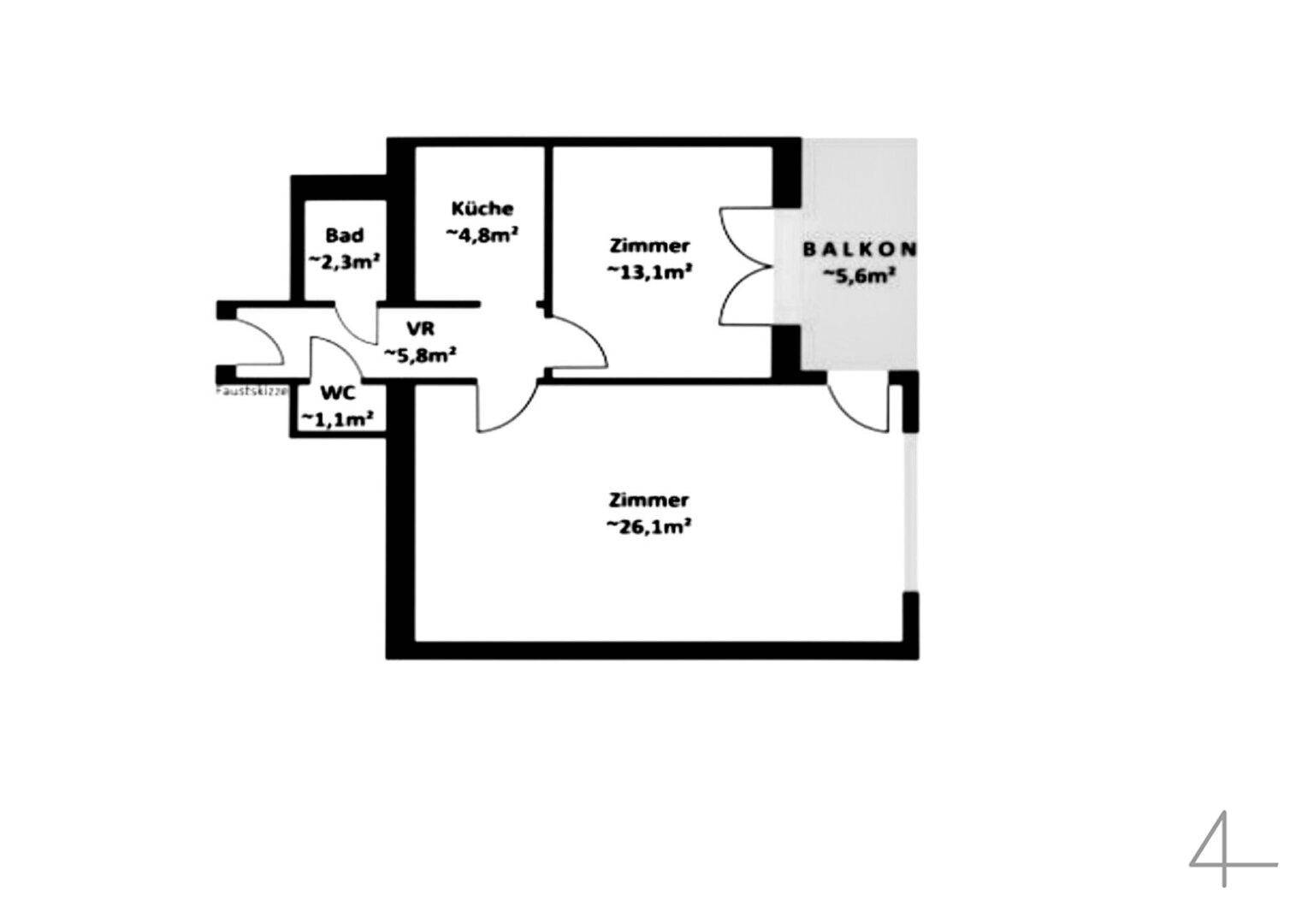 Grundriss der Wohnung mit Zimmern, Bad, WC und Balkon.