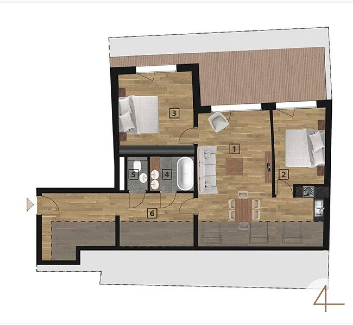 Grundriss einer modernen Wohnung mit zwei Schlafzimmern, offenem Wohnbereich und großer Terrasse.
