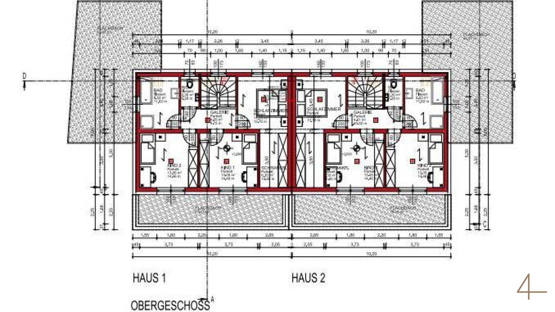 Grundriss des Obergeschosses für zwei Doppelhaushälften mit Schlafzimmern und Bädern.