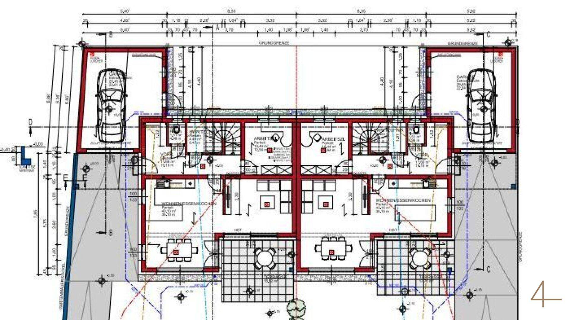 Grundriss des Erdgeschosses für zwei Doppelhaushälften mit Wohn-Essbereich und Terrassenzugang.