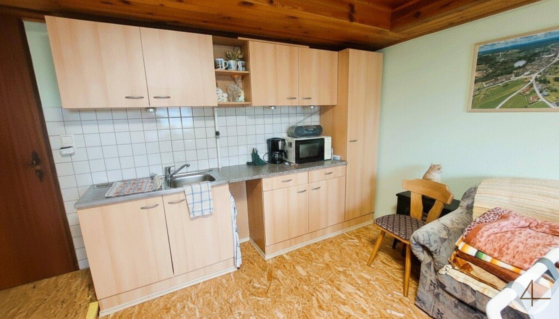Kleine Küchenzeile mit Holzschränken, Spüle und Mikrowelle, ideal für eine Einliegerwohnung.