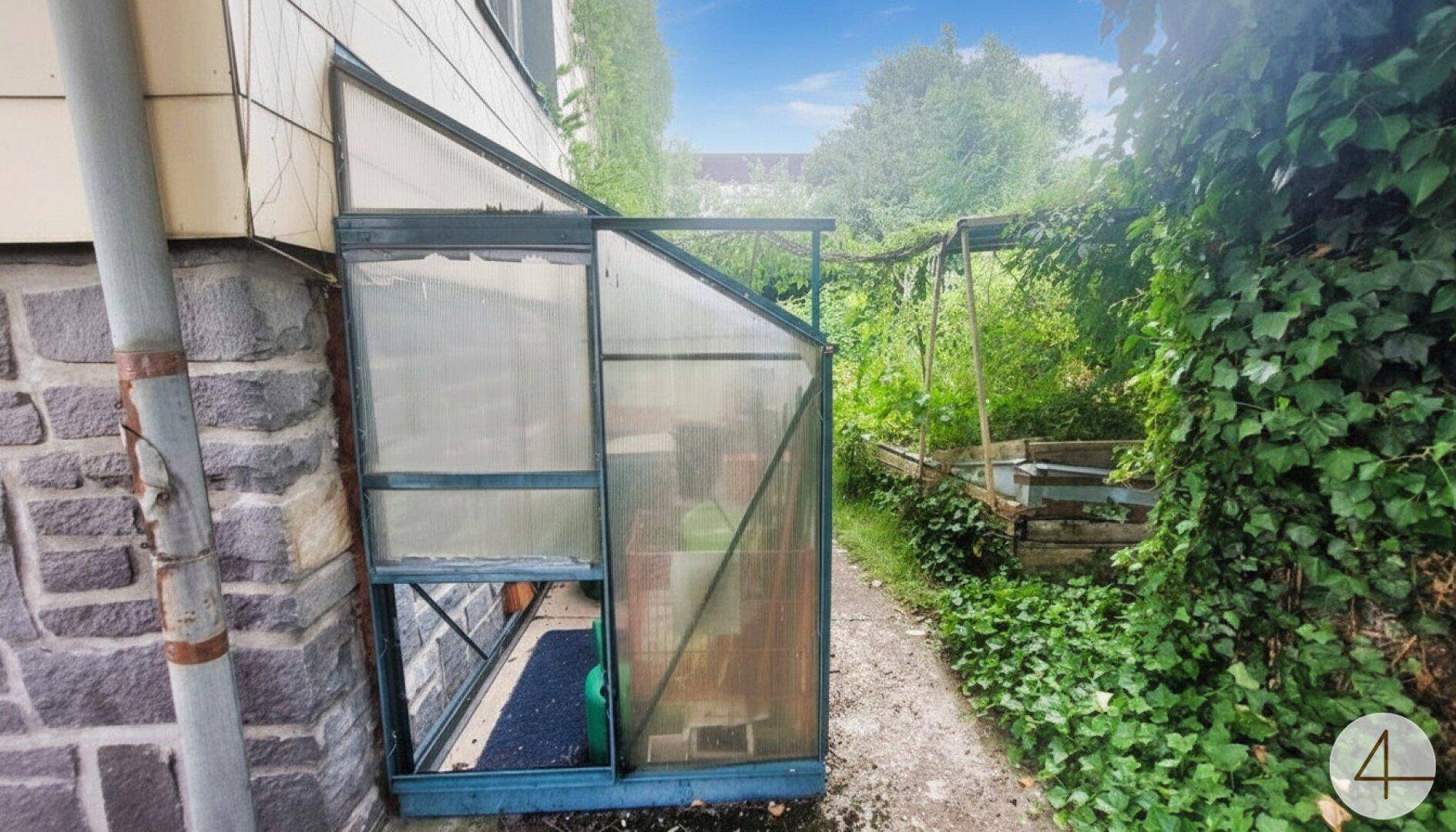 Garten mit einem kleinen Gewächshaus und üppiger Vegetation.