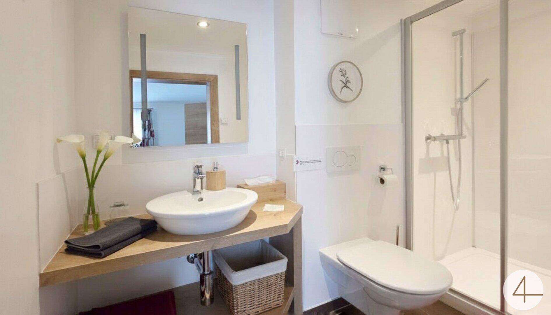 Modernes Badezimmer mit Dusche, wandmontierter Toilette und Einzelwaschbecken.