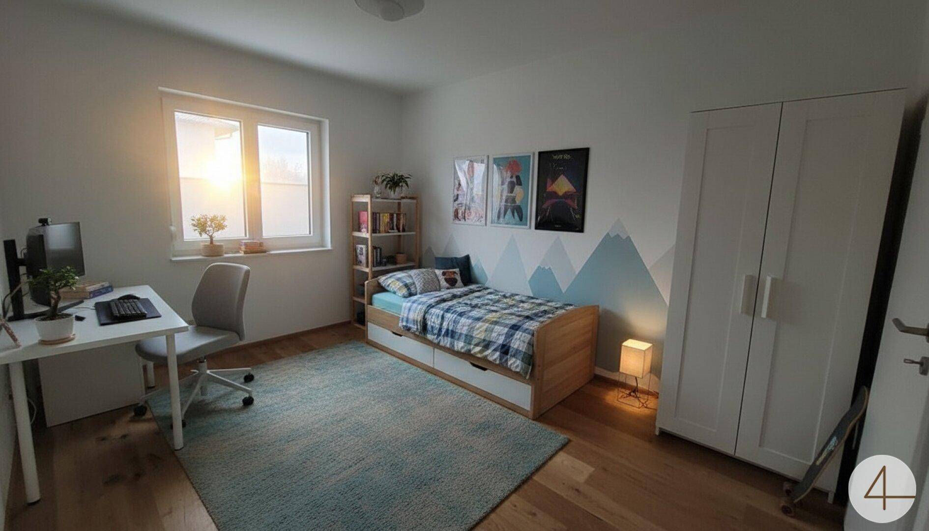 Gemütliches Kinderzimmer mit Einzelbett, Schreibtisch, Kleiderschrank und kreativer Wandgestaltung.