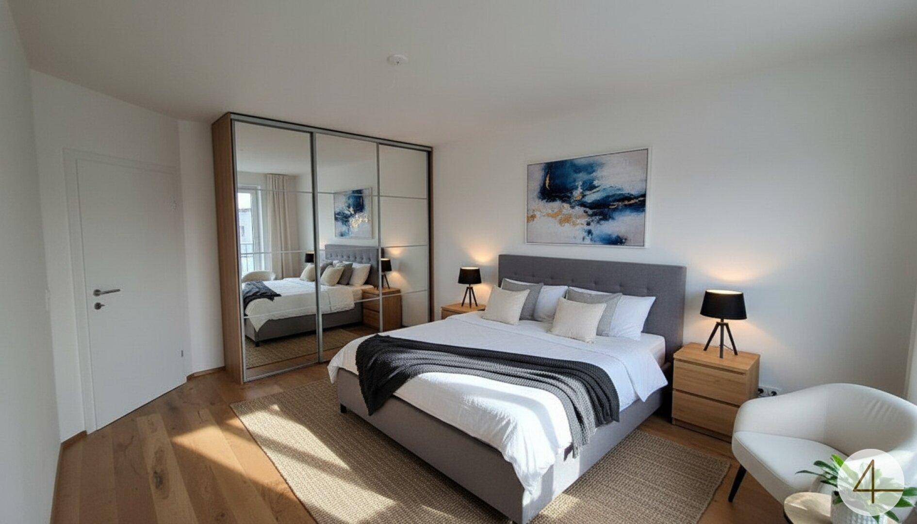 Geräumiges Schlafzimmer mit Doppelbett, großem Spiegelschrank und hellem Holzboden.