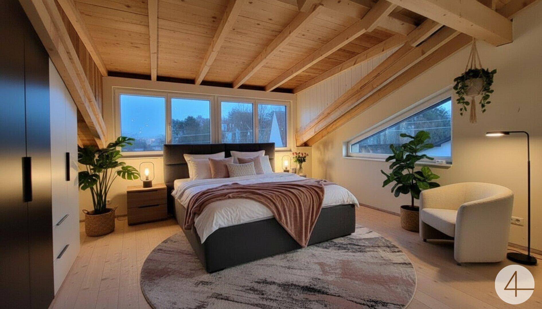 Gemütliches Schlafzimmer im Dachgeschoss mit Holzbalken, großem Bett und schrägen Fenstern.