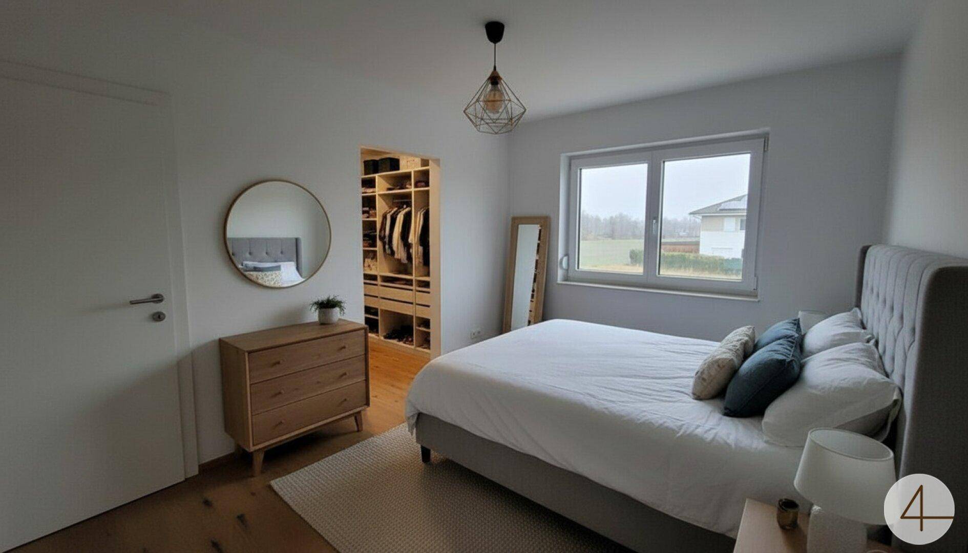 Gemütliches Schlafzimmer mit Holzboden, großem Fenster und direktem Zugang zum Ankleidezimmer.