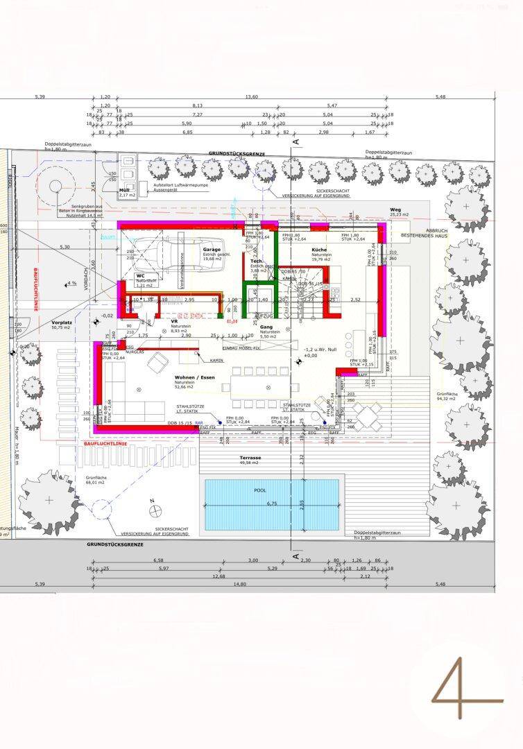 Grundriss des Erdgeschosses mit offenem Wohn-Essbereich, Küche, Terrasse und Pool.
