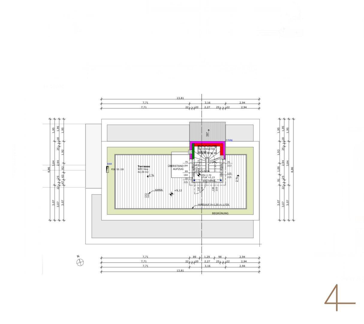 Grundriss der Dachaufsicht mit einer großen Dachterrasse und technischem Bereich.