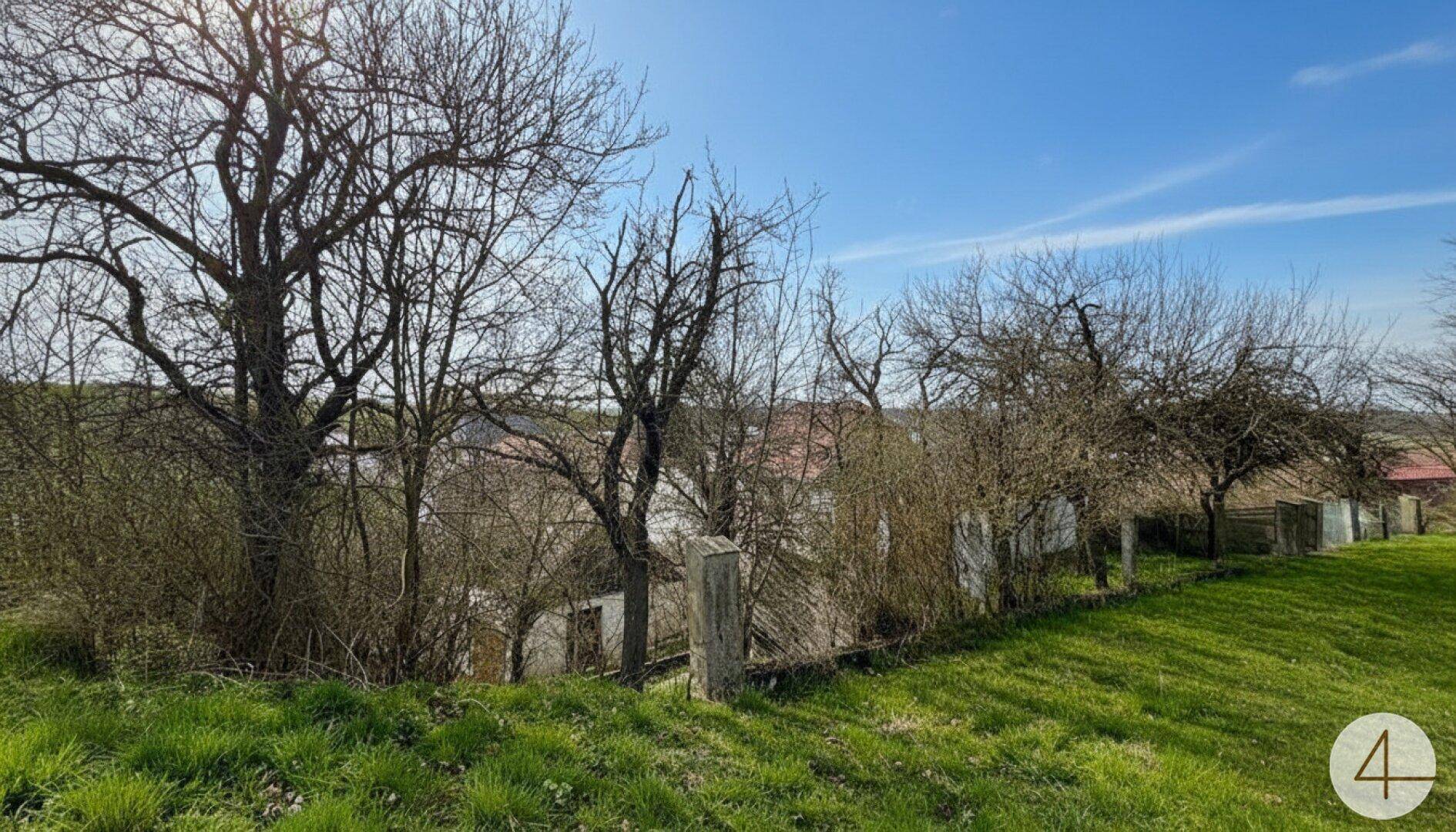 Blick über einen Zaun und kahle Bäume auf entfernte Gebäude und die weite ländliche Umgebung.